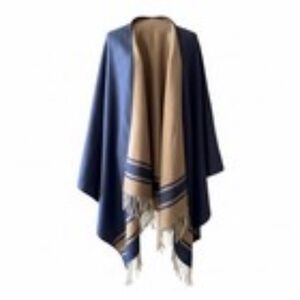 Women's Blue & Tan Fringed Reversible Poncho/Cardigan/Ruana/Cape/Shawl